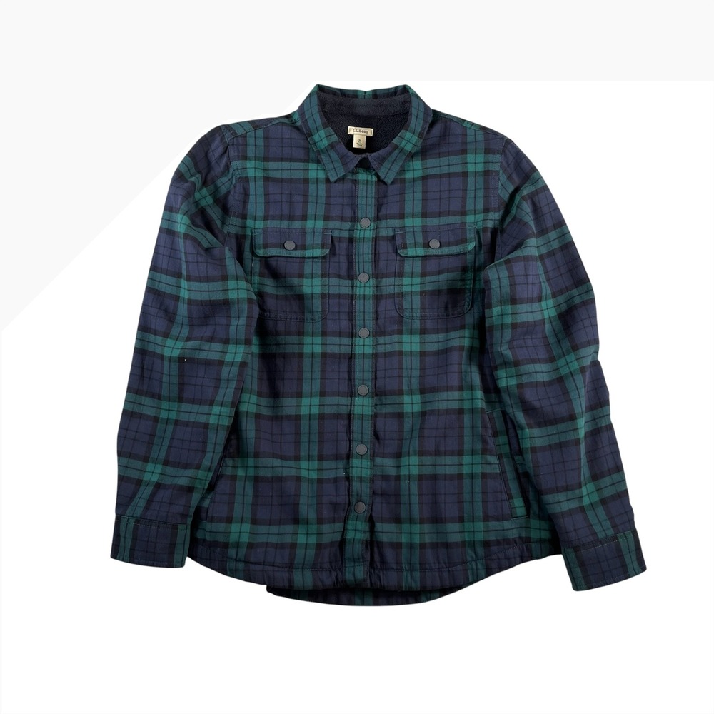 LL Bean Fleece Lined Flannel Shirt Jacket Womens Sz Medium Reg Green Blue Plaid